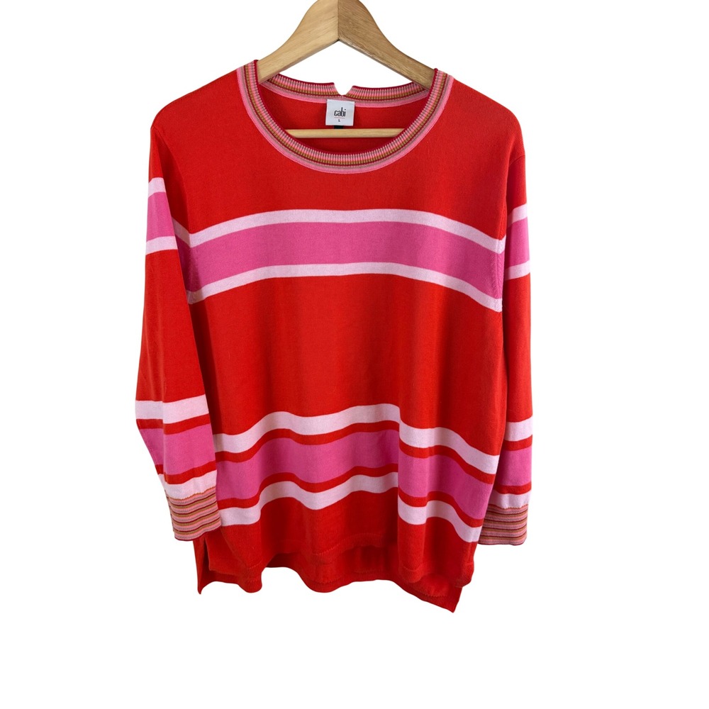 Cabi Cadet Sweater Women Large Red Pink Striped Cotton Knit Pullover 6168